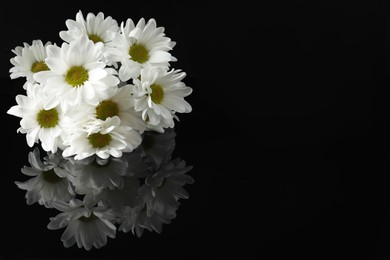 Photo of White chrysanthemum flowers on black mirror surface in darkness, space for text. Funeral symbol