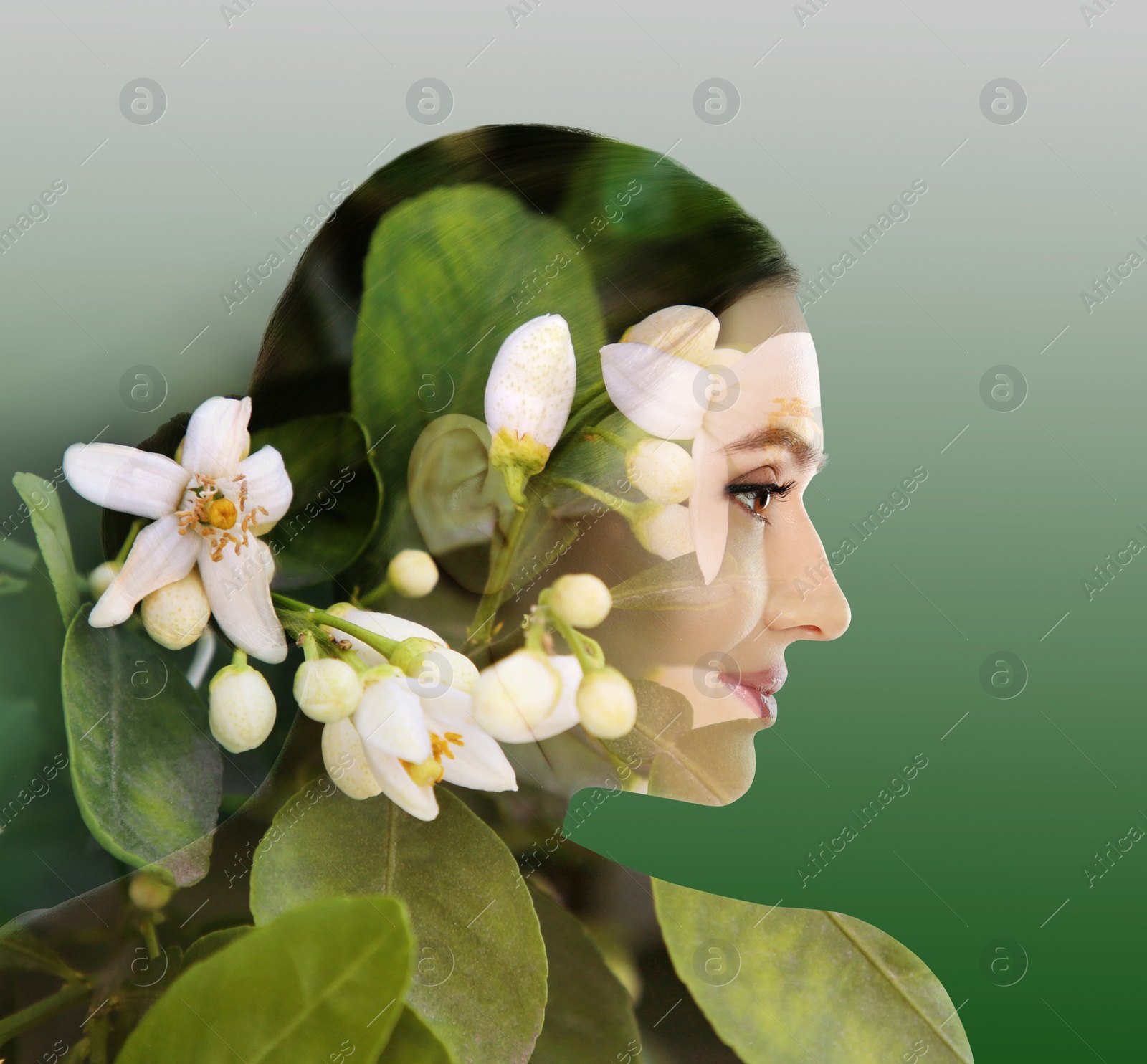 Image of Double exposure of beautiful woman and blooming flowers on green gradient background