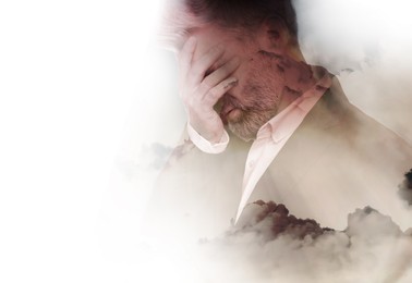 Image of Headache. Double exposure of man and heavy clouds on white background