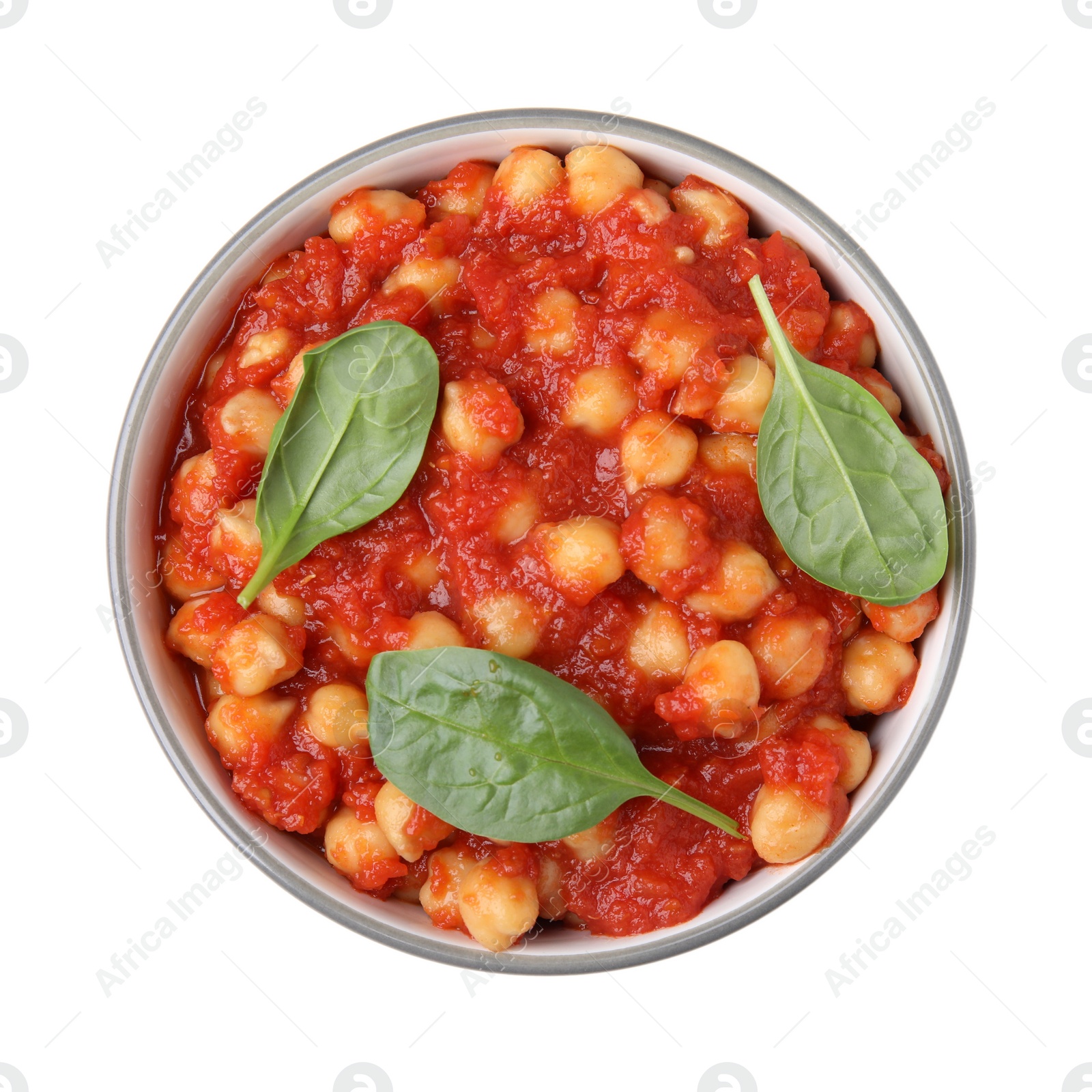 Photo of Delicious chickpea curry with basil on white background, top view