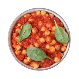 Delicious chickpea curry with basil on white background, top view