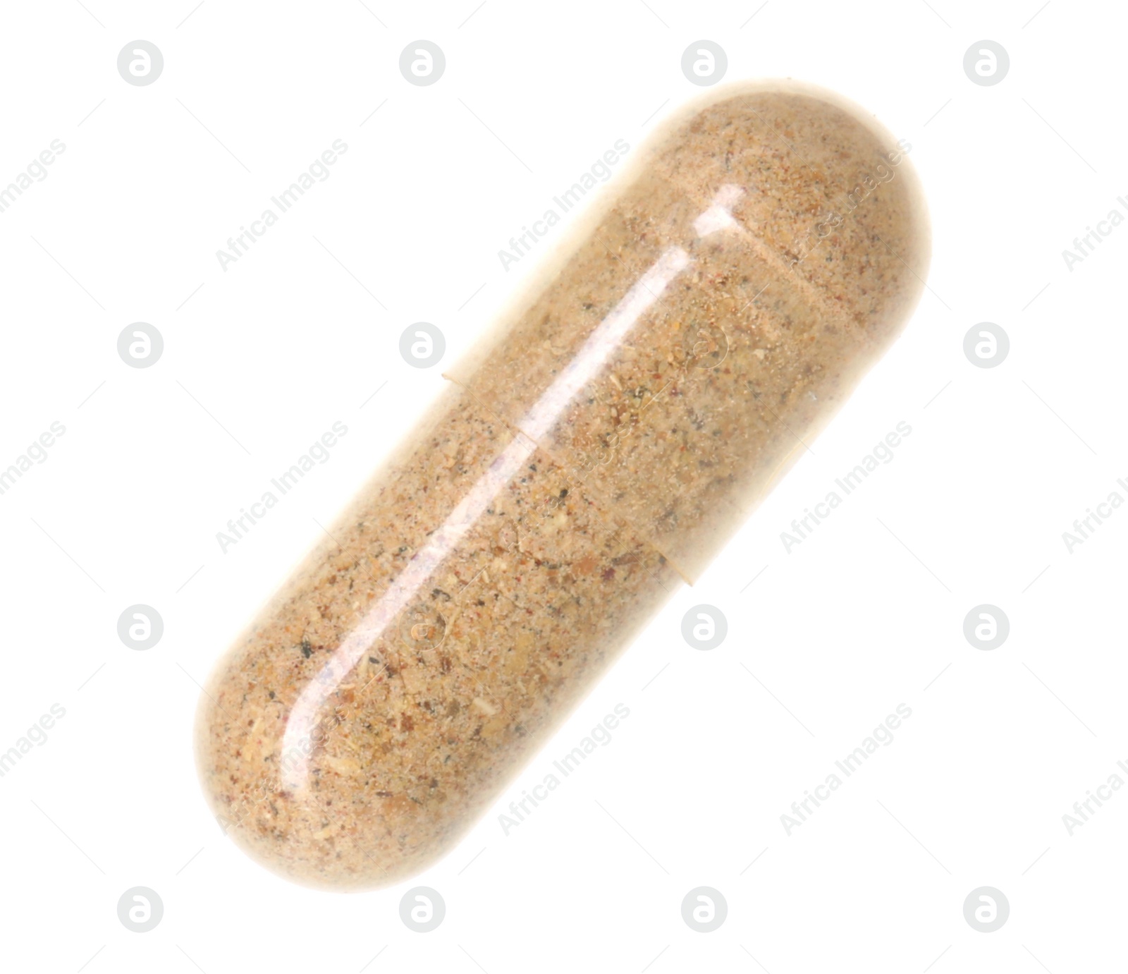 Photo of One vitamin capsule isolated on white. Health supplement