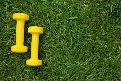 Photo of Yellow dumbbells on green grass, top view with space for text. Morning exercise