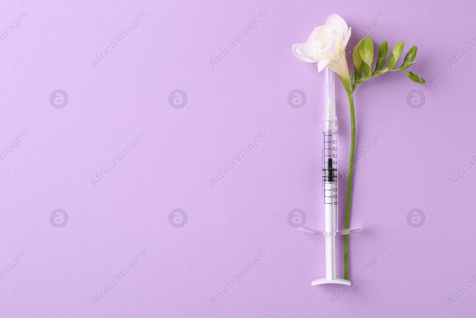 Photo of Cosmetology. Medical syringe and freesia flower on violet background, top view. Space for text