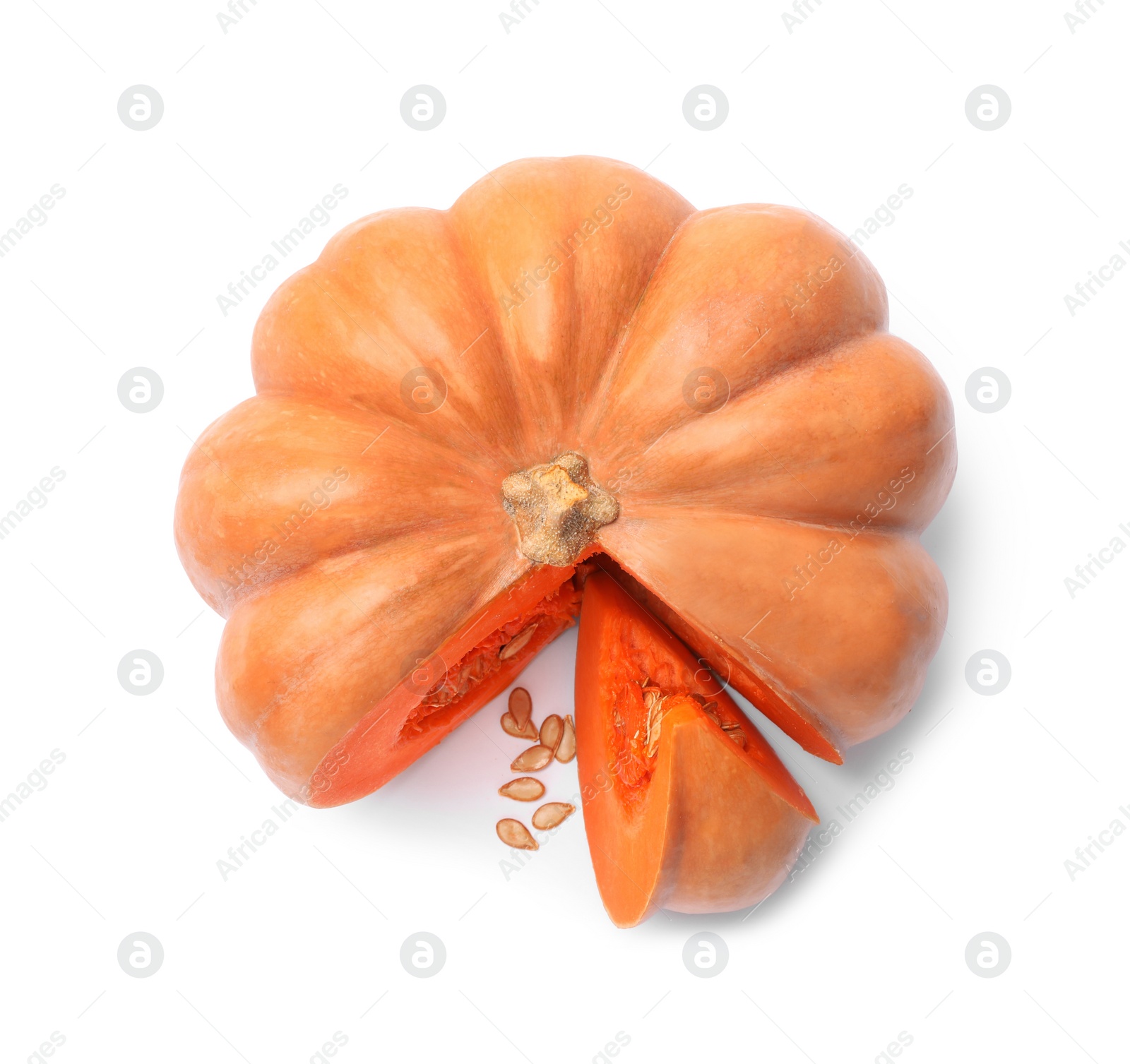 Photo of Sliced fresh ripe pumpkin on white background, top view