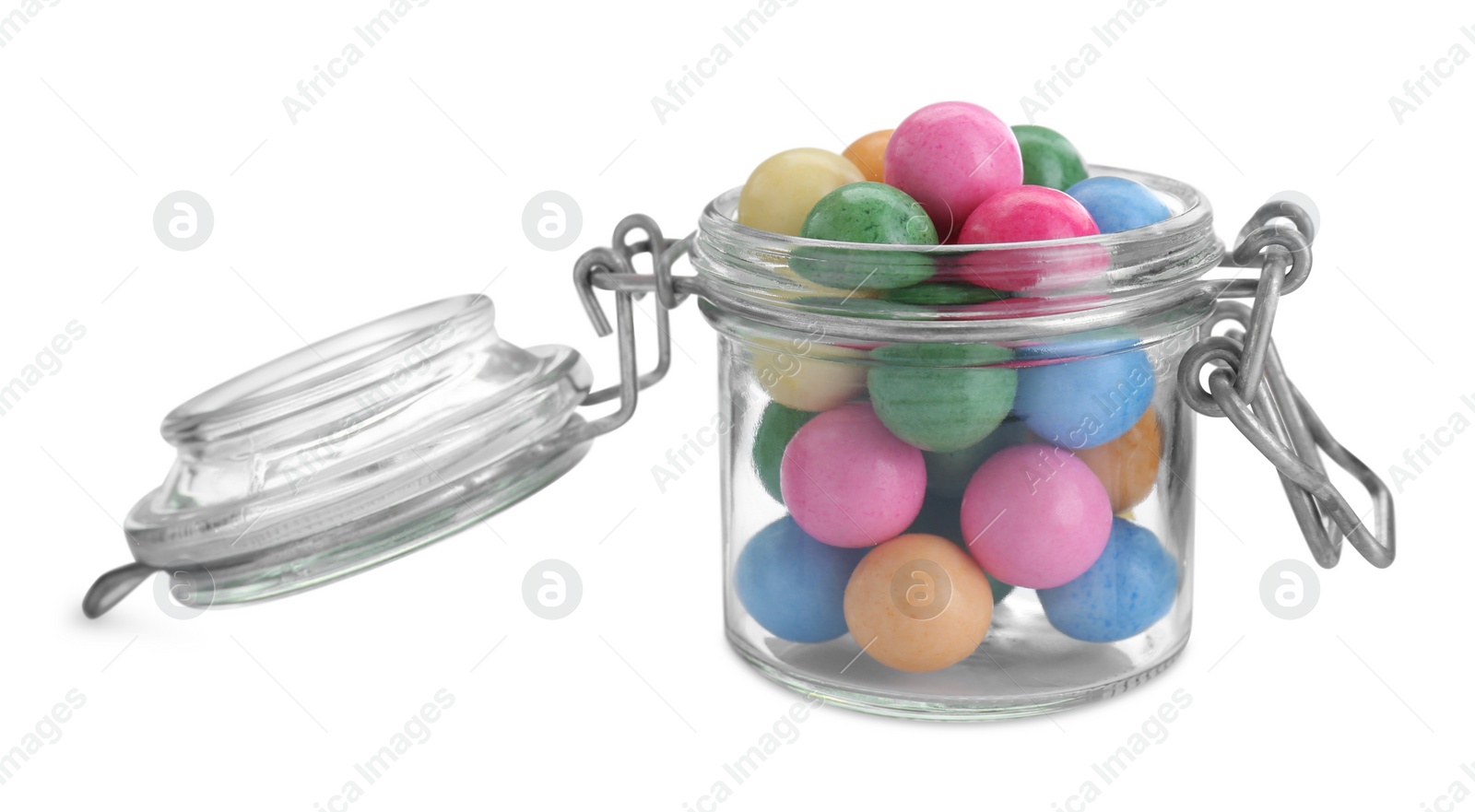 Photo of Jar with many bright gumballs isolated on white