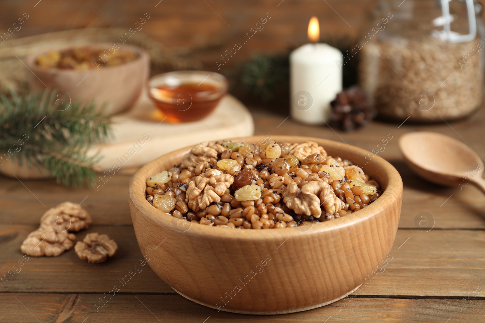 Photo of Traditional Christmas slavic dish kutia served on wooden table