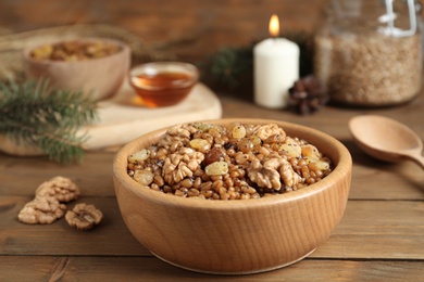 Traditional Christmas slavic dish kutia served on wooden table