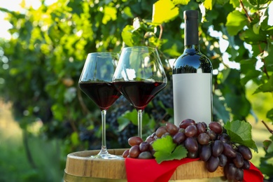 Photo of Composition with wine and ripe grapes on barrel in vineyard