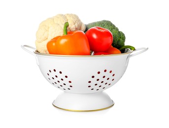 Photo of Colander with fresh vegetables isolated on white