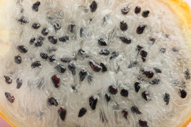 Photo of Cut fresh dragon fruit (pitahaya) as background, closeup