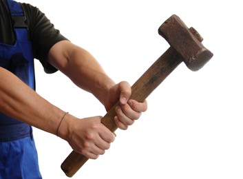 Photo of Man with sledgehammer on white background, closeup