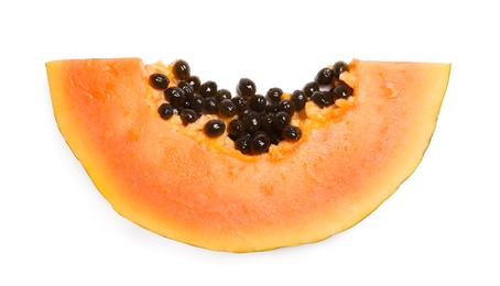 Slice of fresh juicy papaya on white background, top view