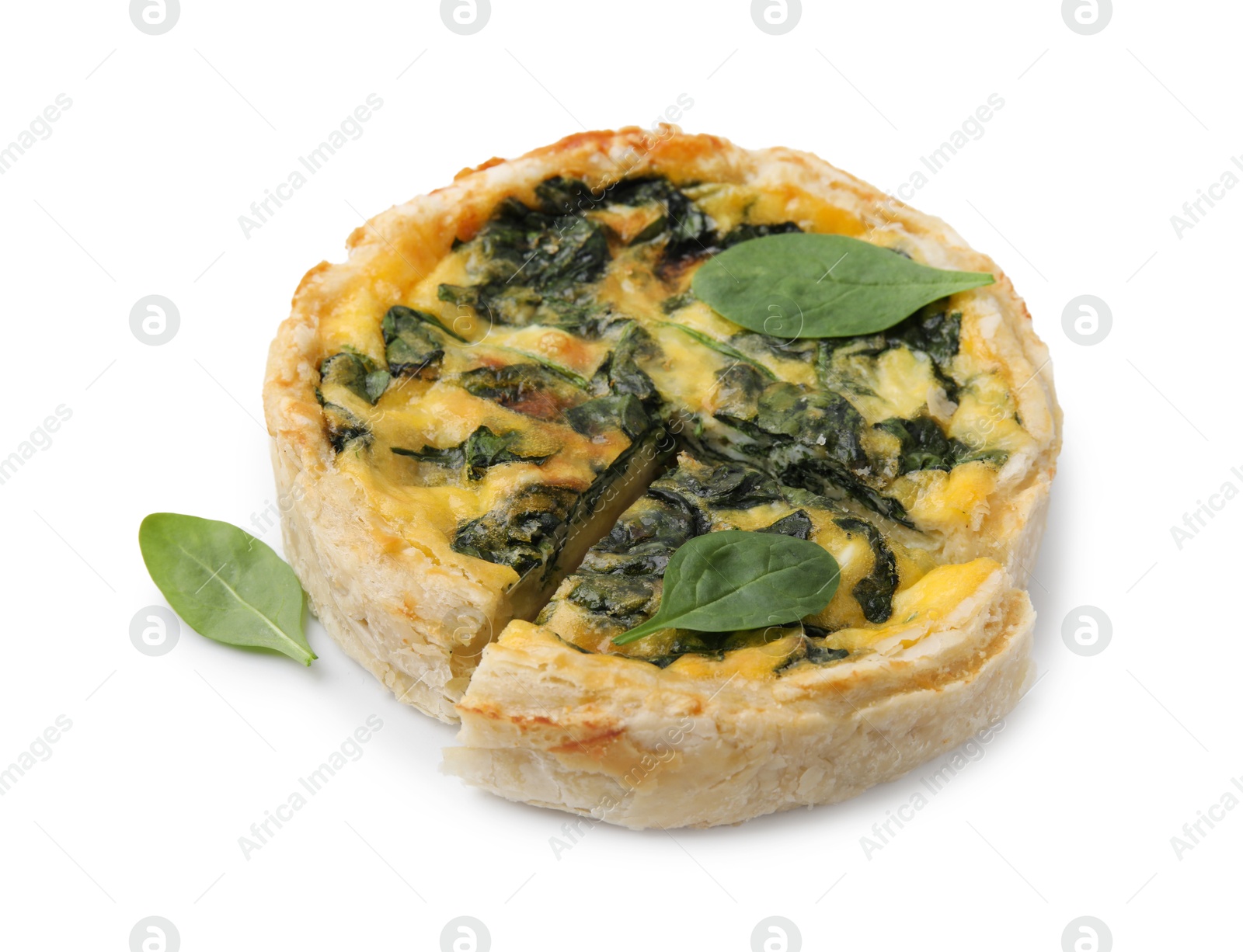 Photo of Delicious pie with spinach isolated on white