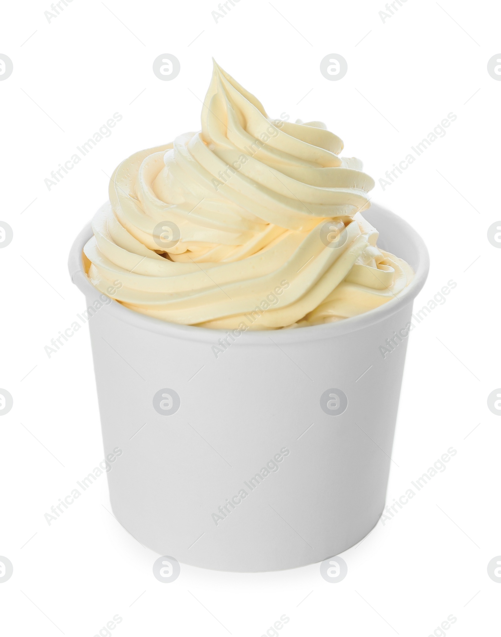 Photo of Cup with tasty frozen yogurt on white background