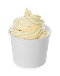 Cup with tasty frozen yogurt on white background