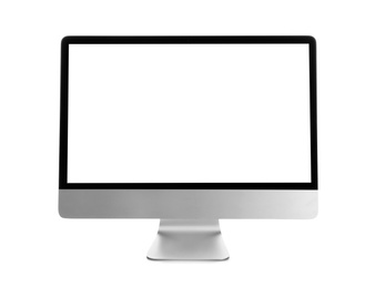 Photo of Modern computer monitor on white background, mock up with space for text
