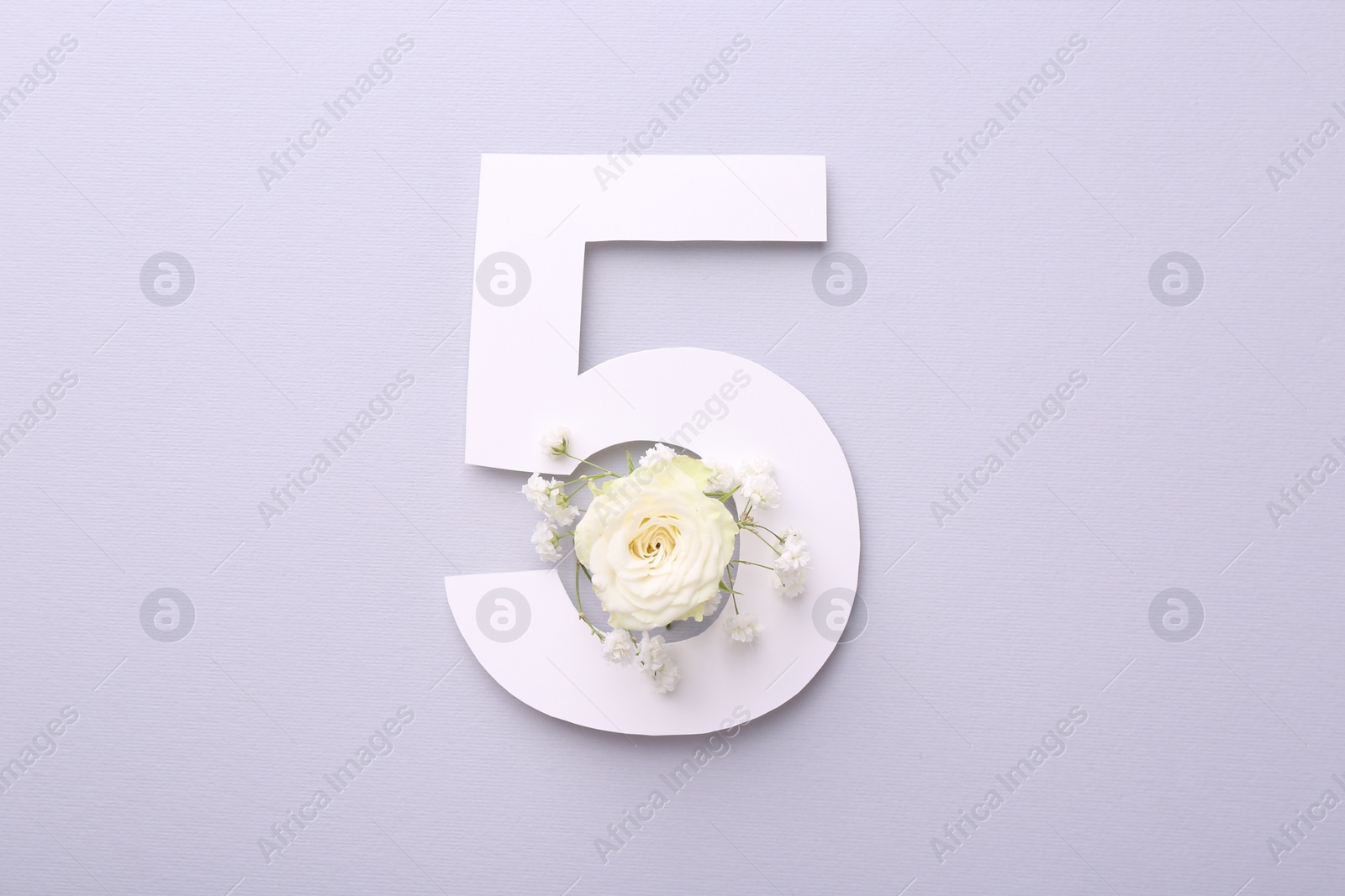Photo of Paper number 5 and beautiful flowers on light grey background, top view