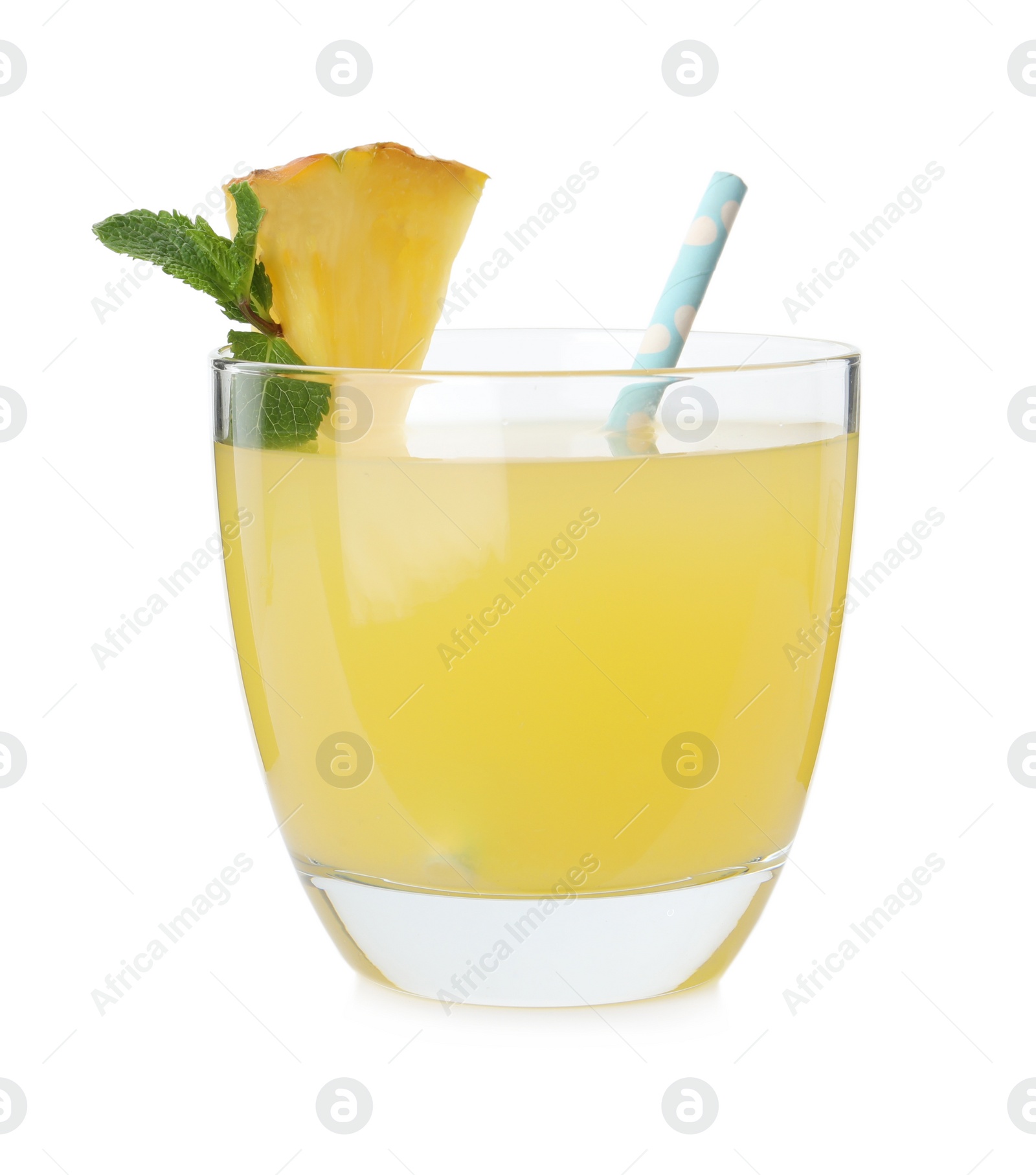 Photo of Delicious fresh pineapple juice with mint isolated on white