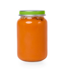 Glass jar with healthy baby food isolated on white