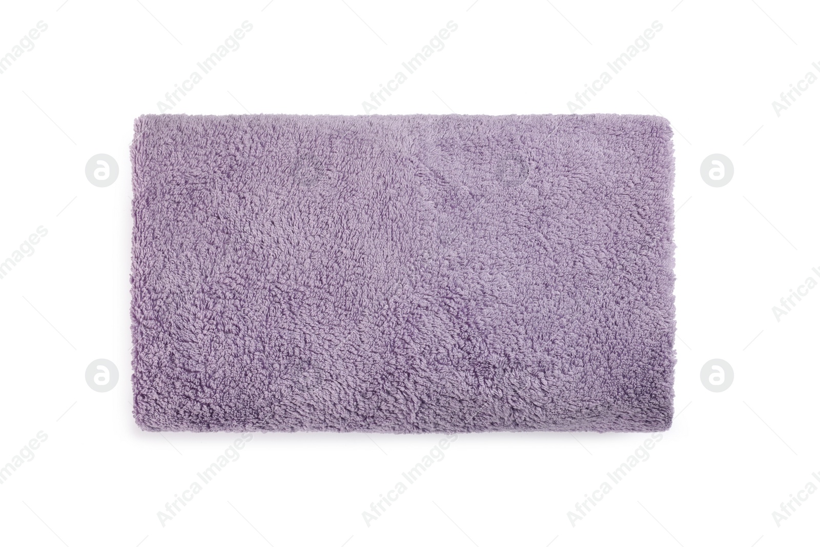 Photo of Soft light purple terry towel isolated on white, top view