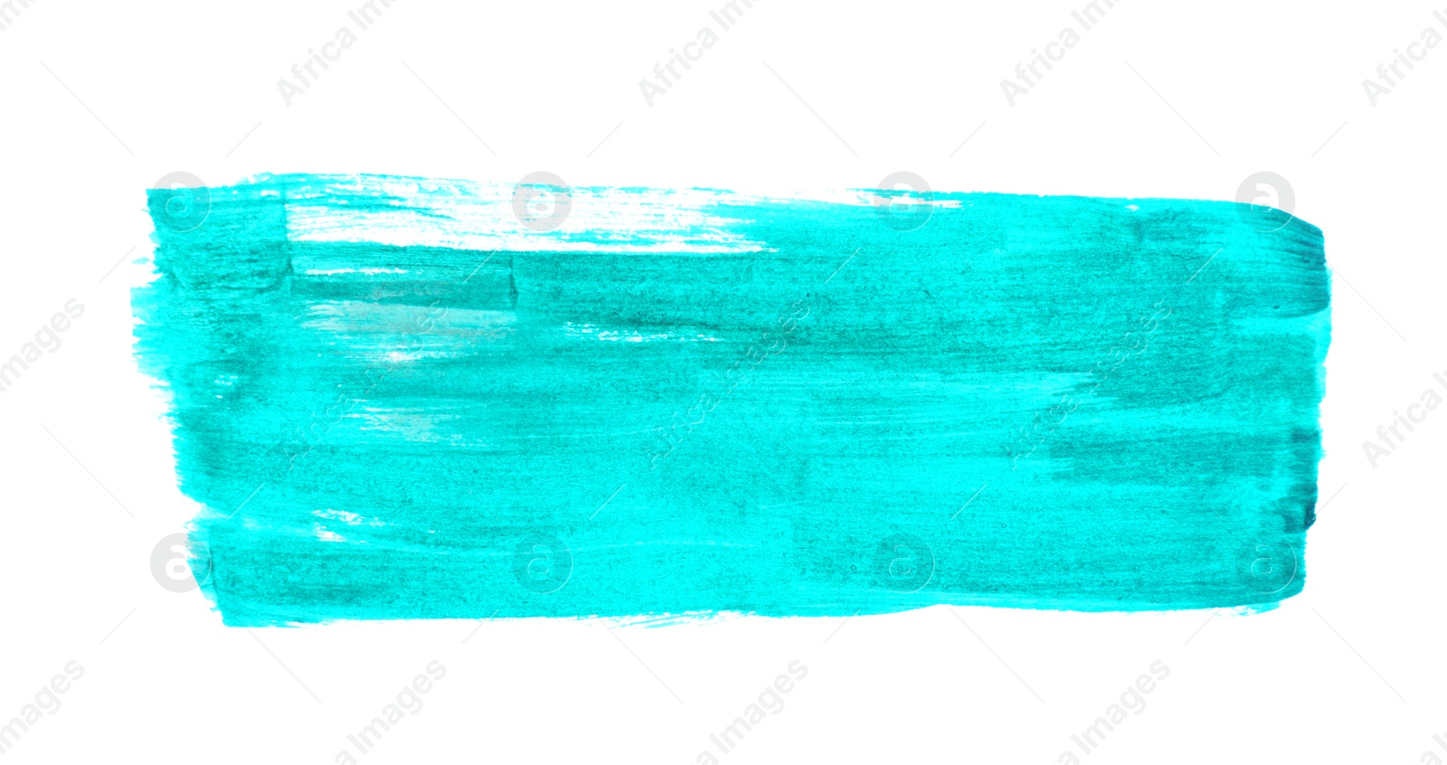 Photo of Turquoise paint stroke drawn with brush on white background, top view