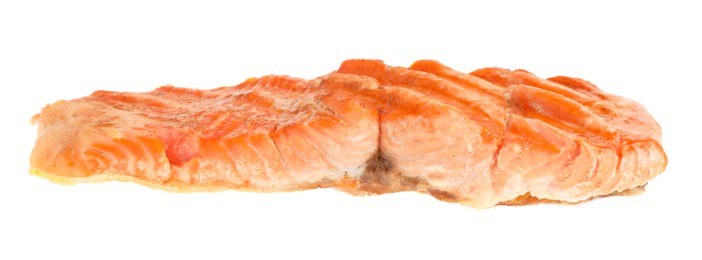 Photo of Piece of tasty grilled salmon isolated on white