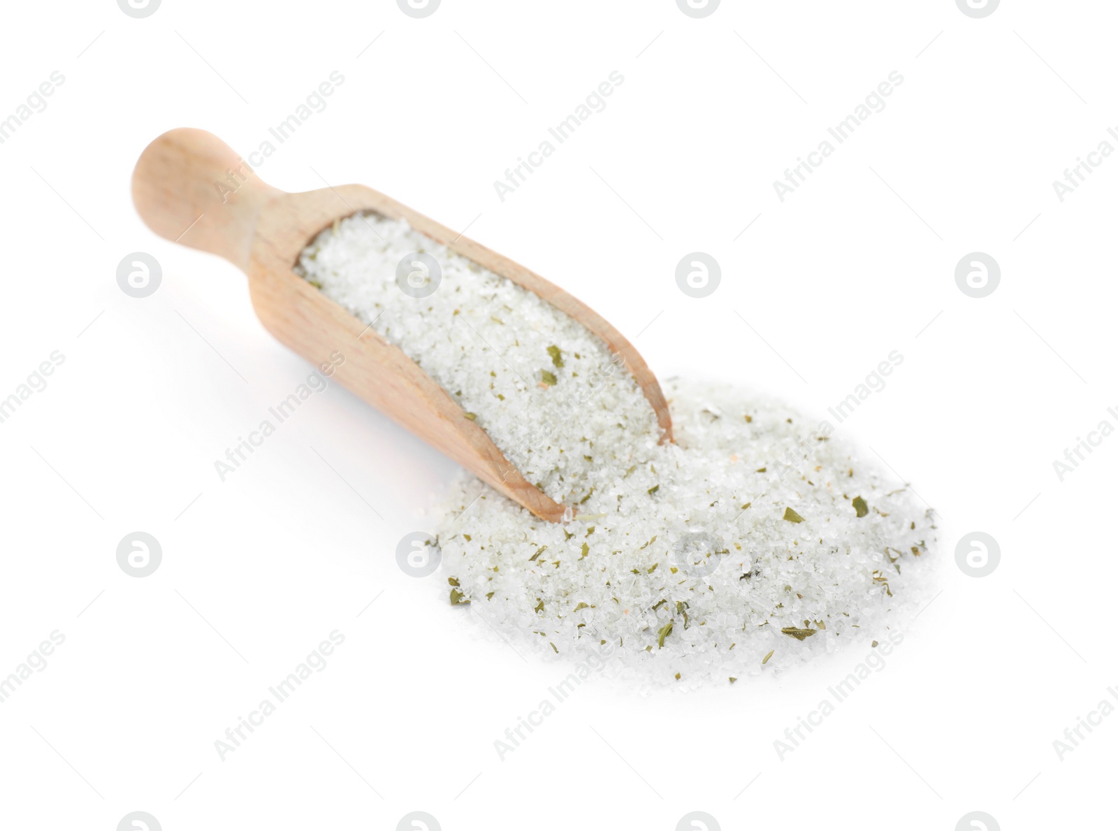 Photo of Wooden scoop with natural herb salt on white background