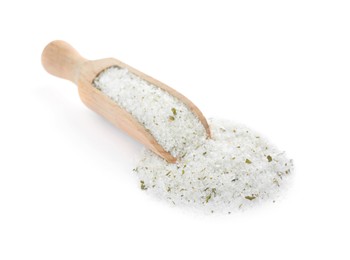 Photo of Wooden scoop with natural herb salt on white background