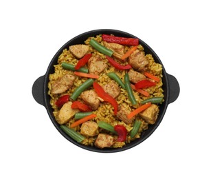 Serving pan of delicious rice with chicken and vegetables isolated on white, top view