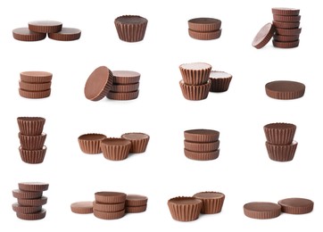 Image of Set with delicious peanut butter cups on white background