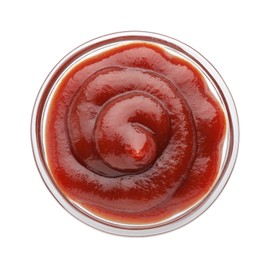 Photo of Tasty barbecue sauce in bowl isolated on white, top view