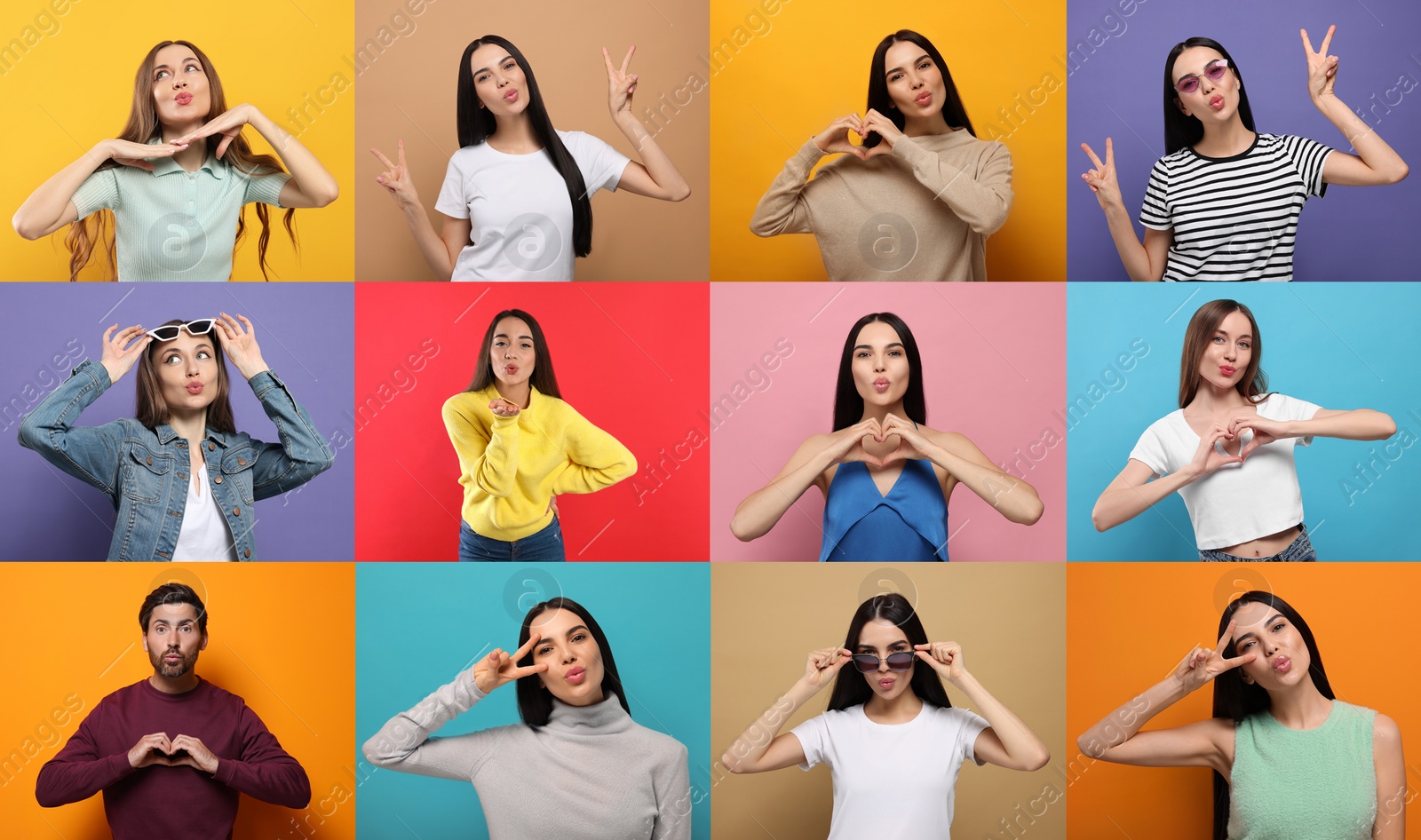 Image of Collage with photos of people blowing air kisses on different color background