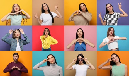 Collage with photos of people blowing air kisses on different color background