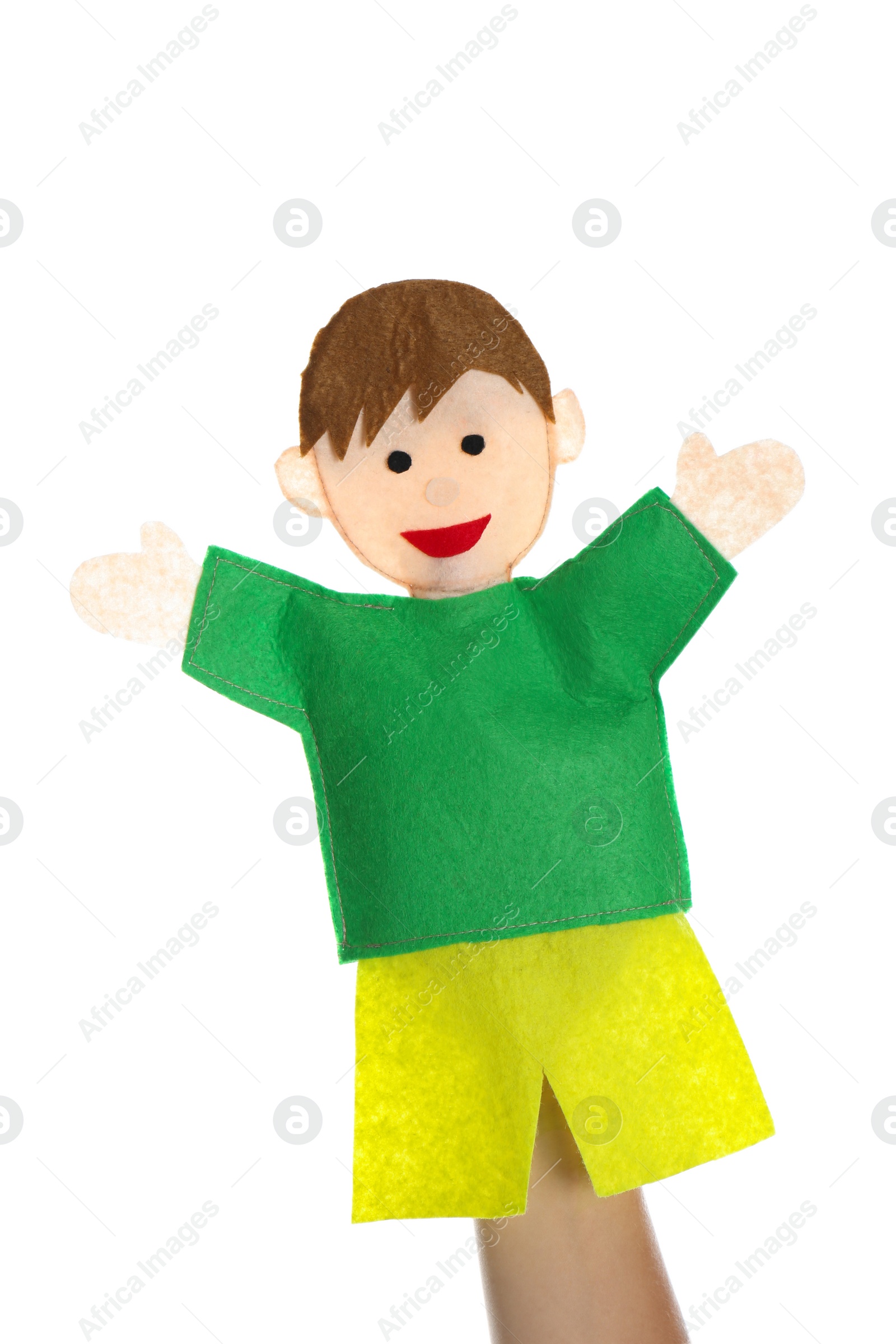 Photo of Boy puppet for show on hand against white background