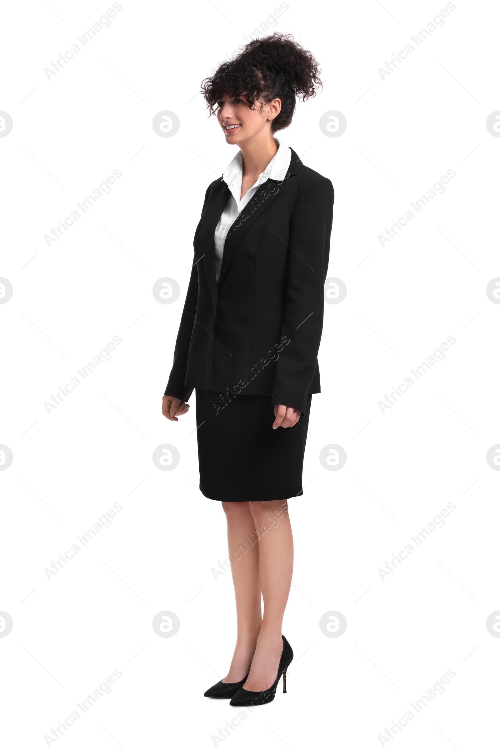 Photo of Beautiful young businesswoman in suit on white background