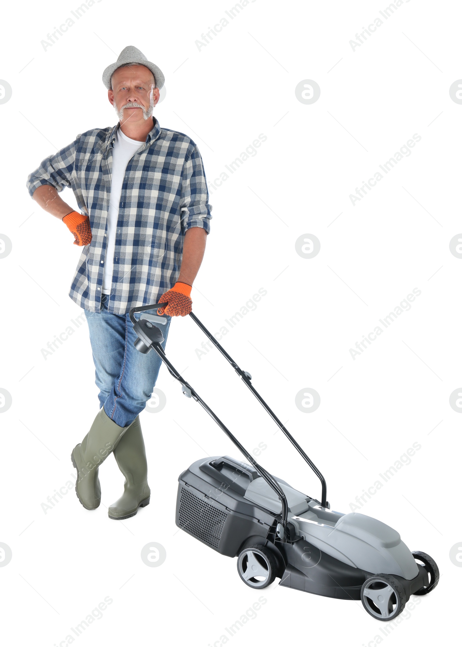 Photo of Senior man with modern lawn mower on white background