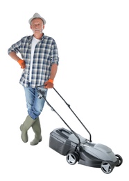 Senior man with modern lawn mower on white background