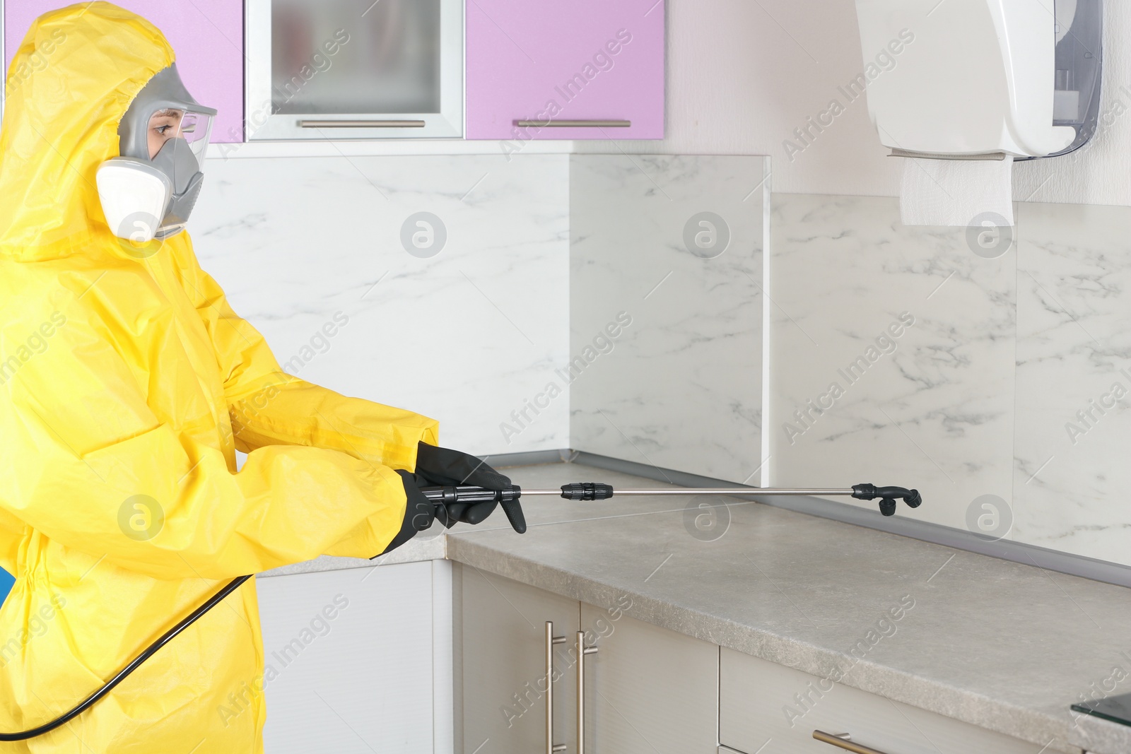 Photo of Pest control worker spraying pesticide in kitchen