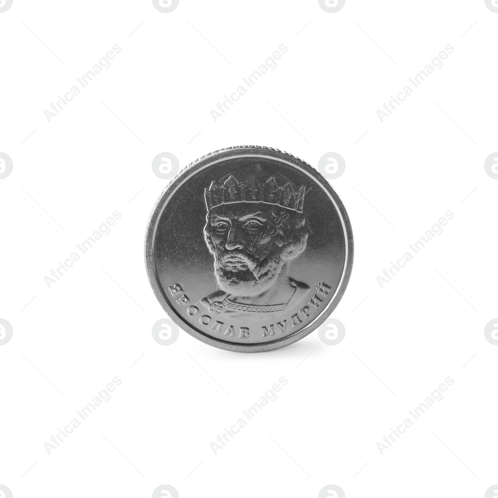 Photo of Ukrainian coin on white background. National currency