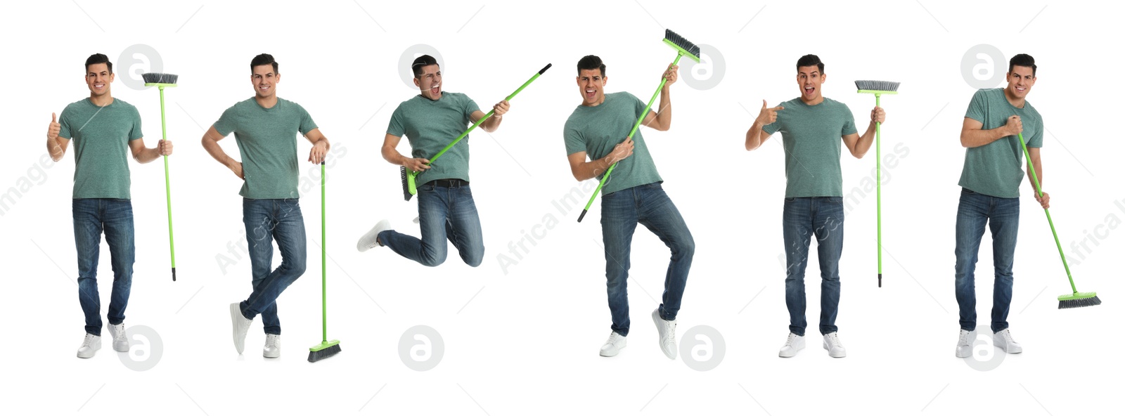 Image of Collage with photos of happy man with broom on white background. Banner design