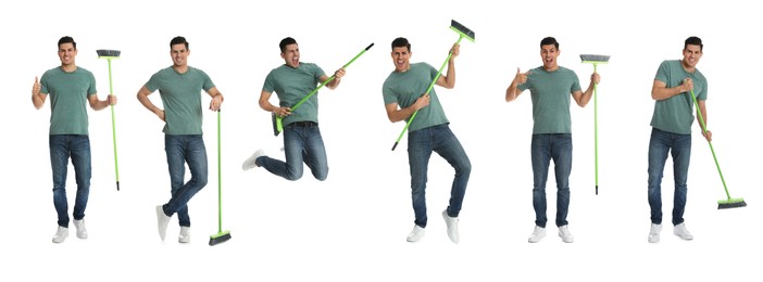 Collage with photos of happy man with broom on white background. Banner design