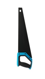 Photo of New hand saw on white background. Professional construction tool