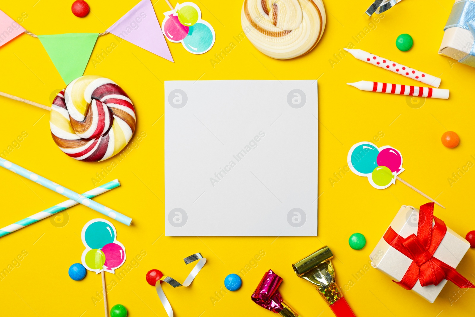 Photo of Flat lay composition with birthday party items on color background