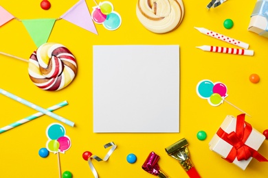 Photo of Flat lay composition with birthday party items on color background