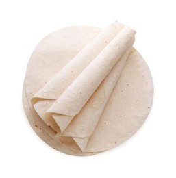 Delicious rolled Armenian lavash on white background, top view