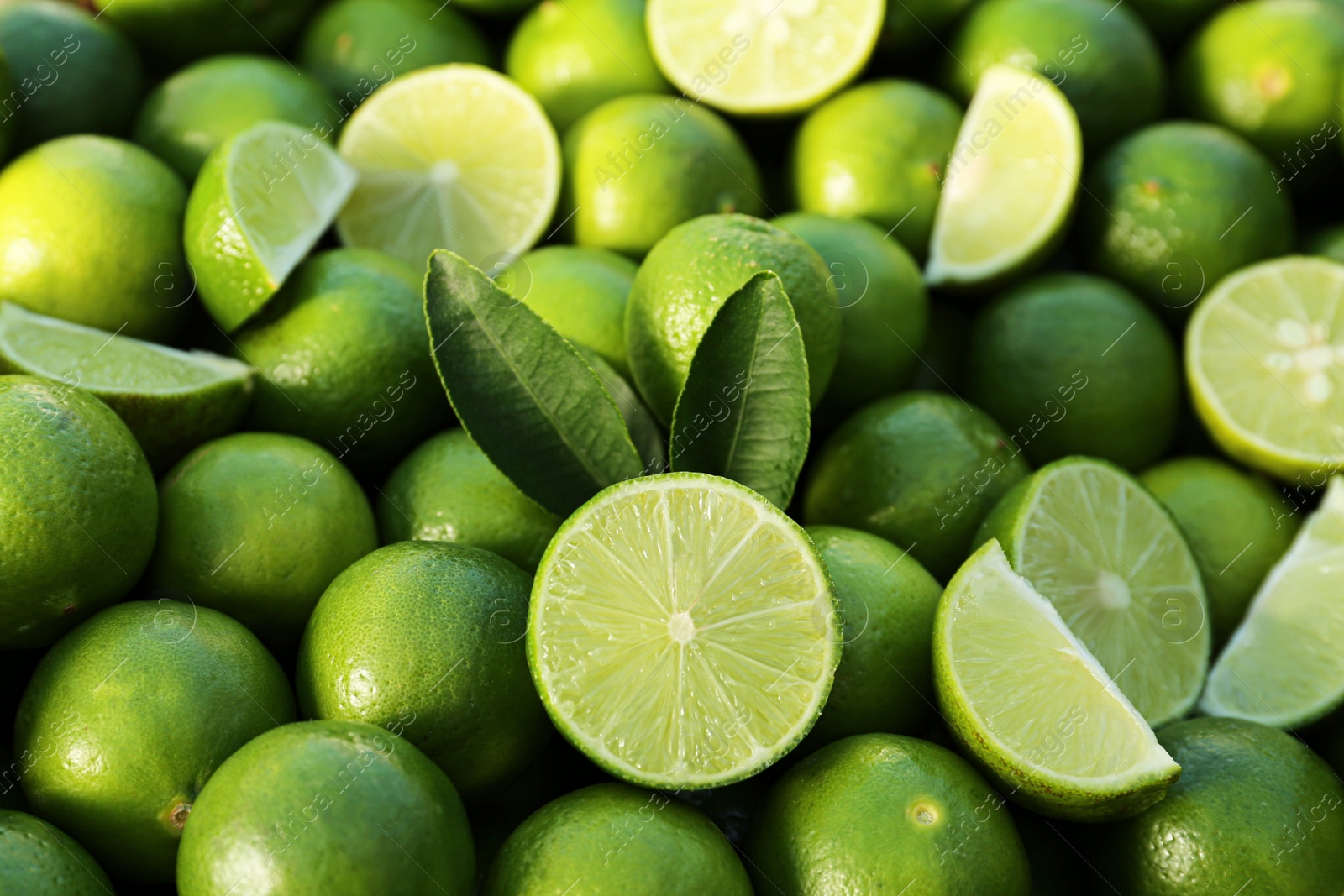 Photo of Whole and cut fresh ripe green limes with leaves as background, closeup