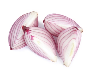 Photo of Fresh cut red onion on white background, top view