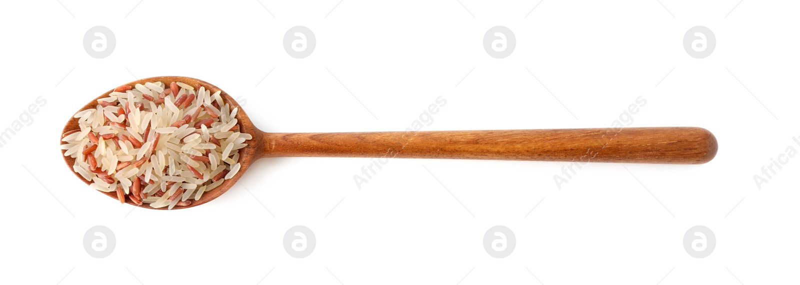 Photo of Mix of brown and polished rice in spoon isolated on white, top view