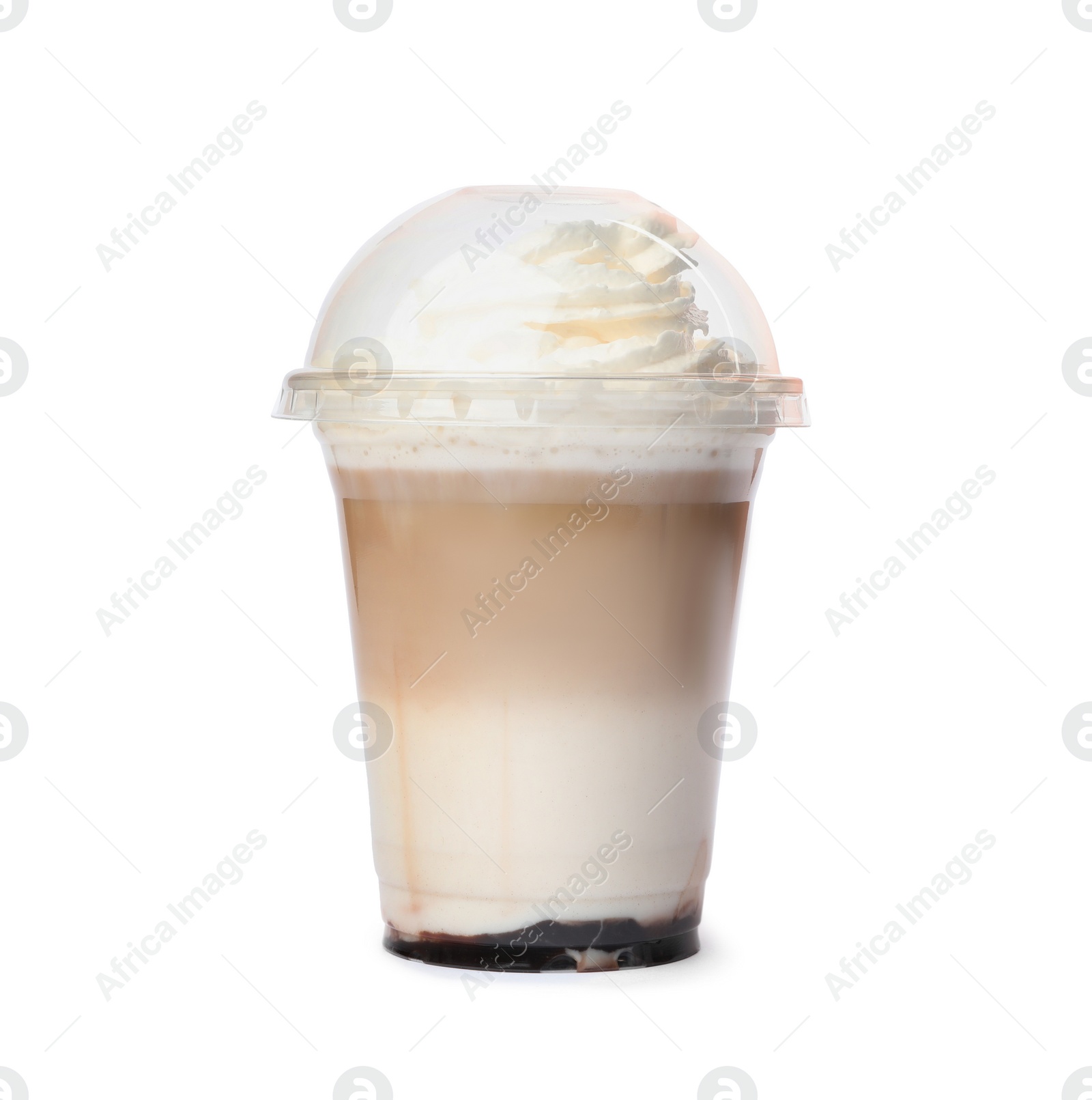 Photo of Delicious coffee with whipped cream in plastic cup isolated on white